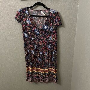 Women's Navy Floral V-Neck Short Sleeve Mini Dress